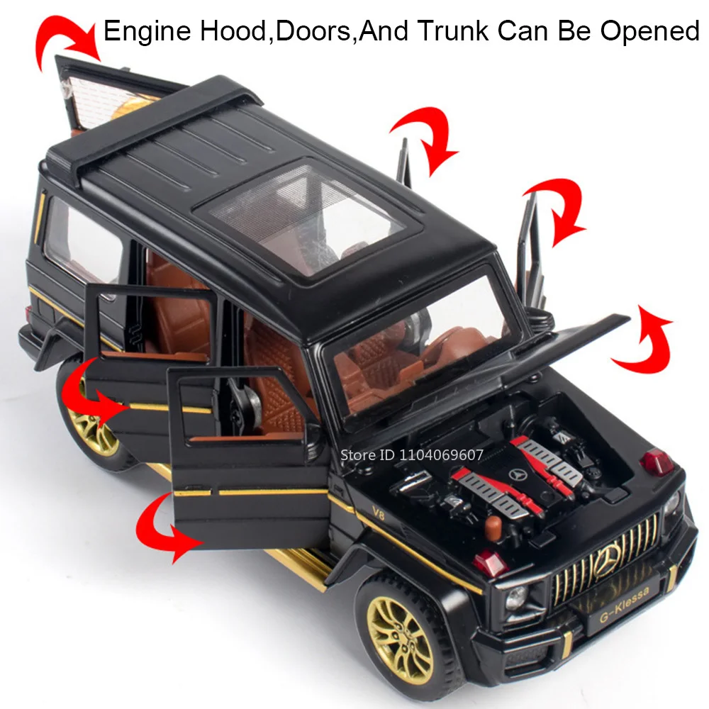 1:32 G63 modelo en miniatura de coches de juguete, aleación de sonido fundido a presión, luz, 6 puertas, neumáticos de goma abiertos, vehículos de simulación, regalos para niños