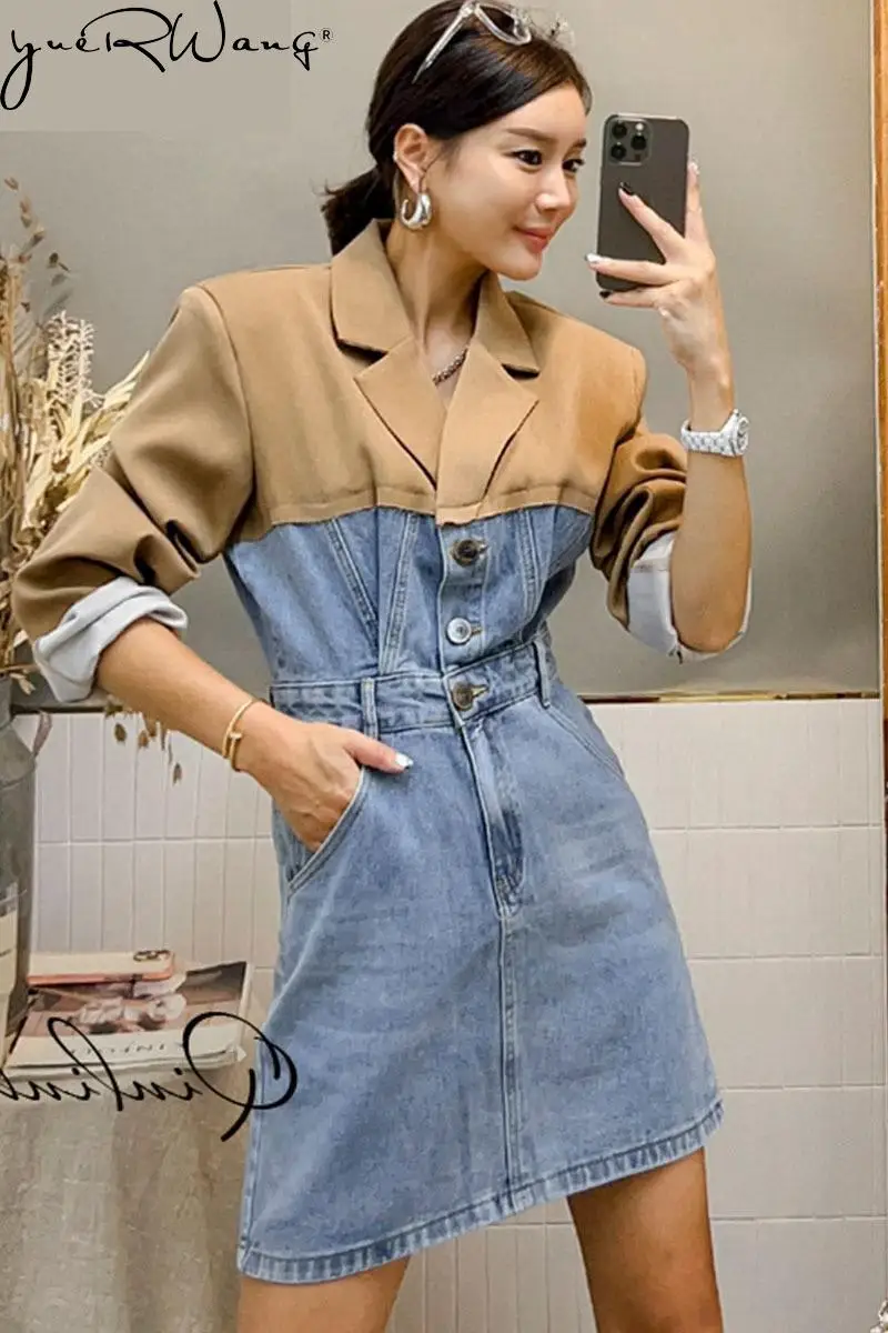 yuerwang Women Denim blazer Dress Notched Collar Stitched Single Breasted Long Sleeve Suit Dress Fashion Ladies Mini Dresses Aut