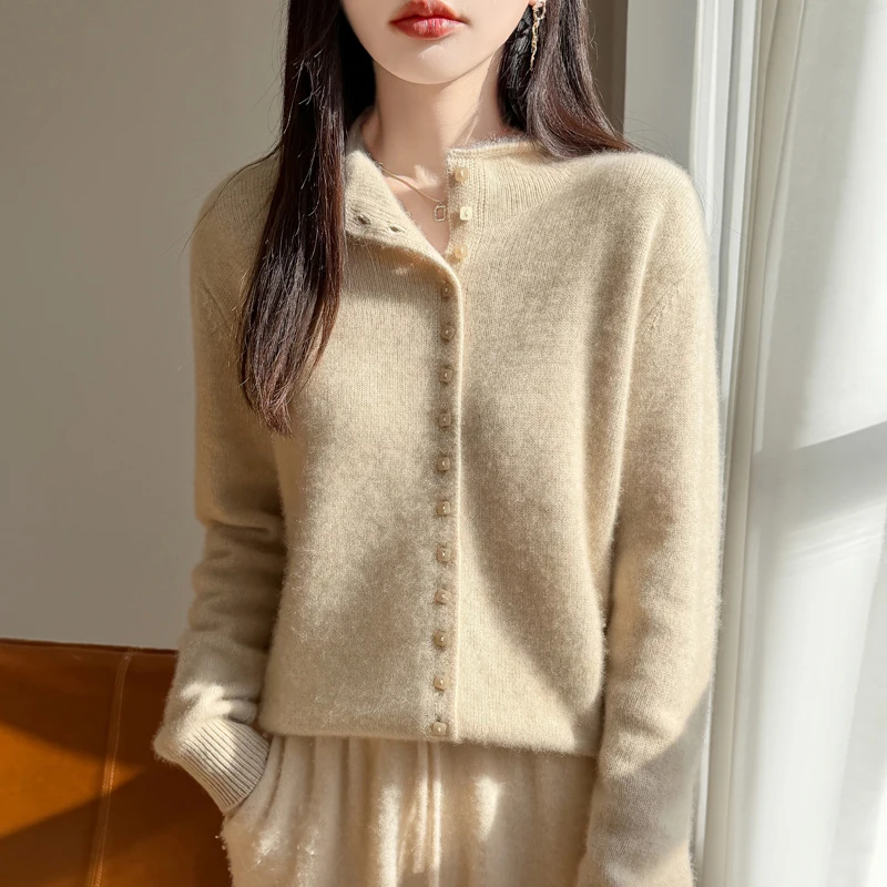 Pure Wool Women Mock-neck Cardigan Single Breasted Knitting Sweater Autumn Winter Long Sleeve 100% Merino Wool Knitwear Tops