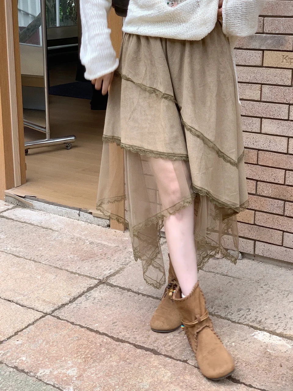 Retro Khaki Suede Half Skirt Women's Autumn Winter High Waist Asymmetrical Lace Splicing A-Line Midi Skirt Polyester Fiber