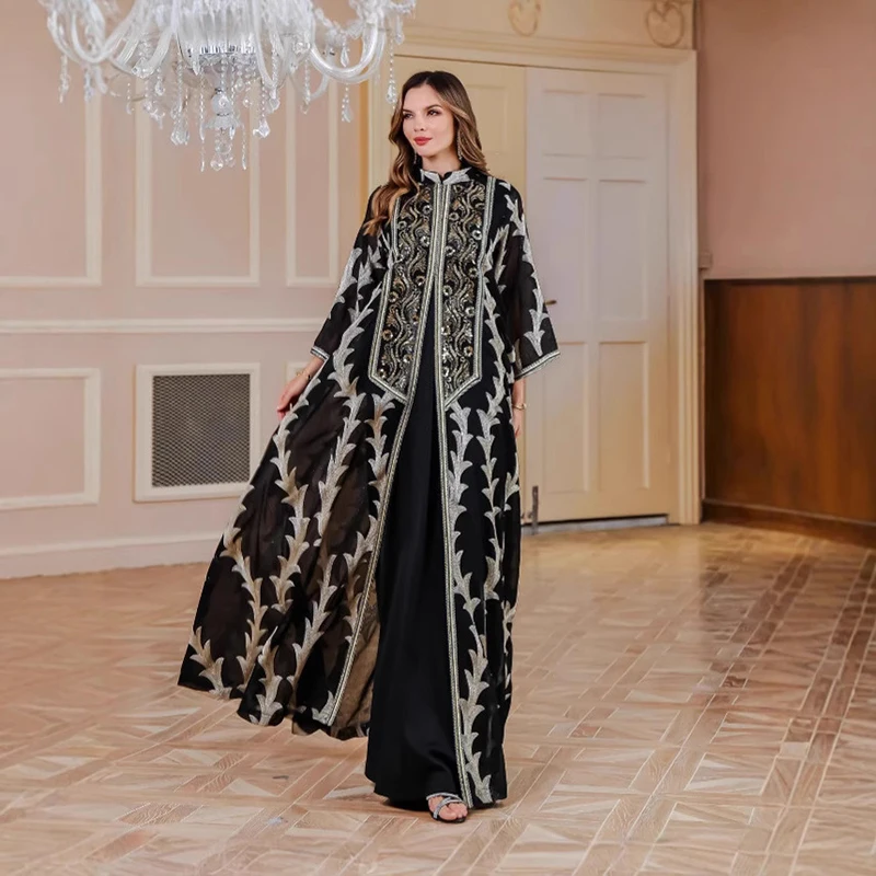 

Woman Muslim Outfits Turkey Arab Embroidered Mesh Islamic Party Abaya Dubai Luxury Long Dresses