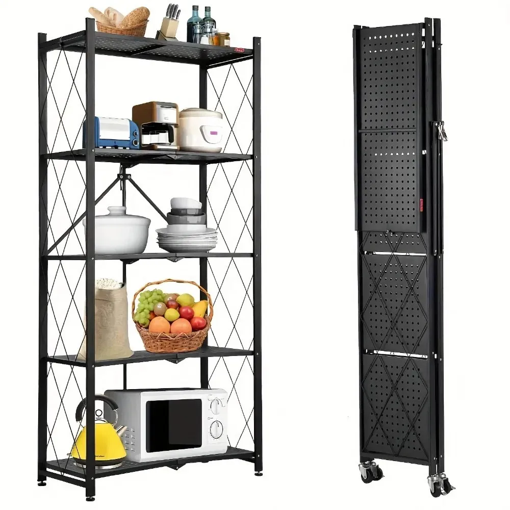 5-Tier Foldable Metal Storage Shelf with Wheels, No-Assembly Kitchen Organizer Rack, Heavy Duty Rolling Shelving Unit for Home