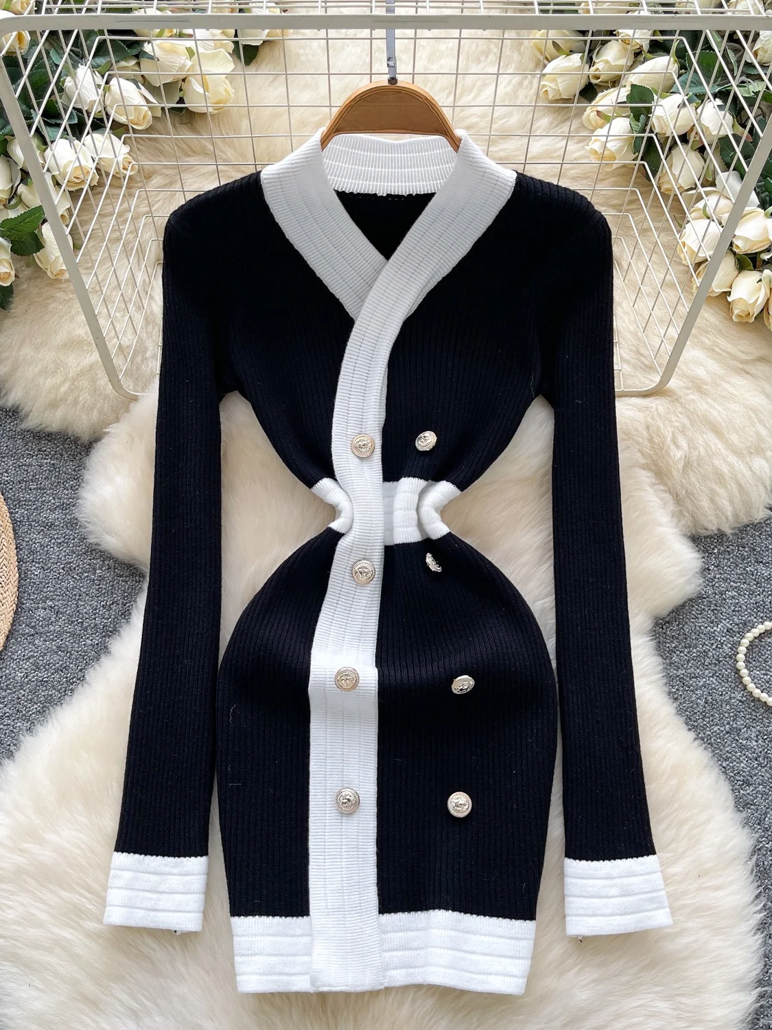 Ele v-ne longue Sve tricoté Wrap Dr femme taille haute coupe ajustée Ci trajet Dr Double bouton fermeture jupe moulante