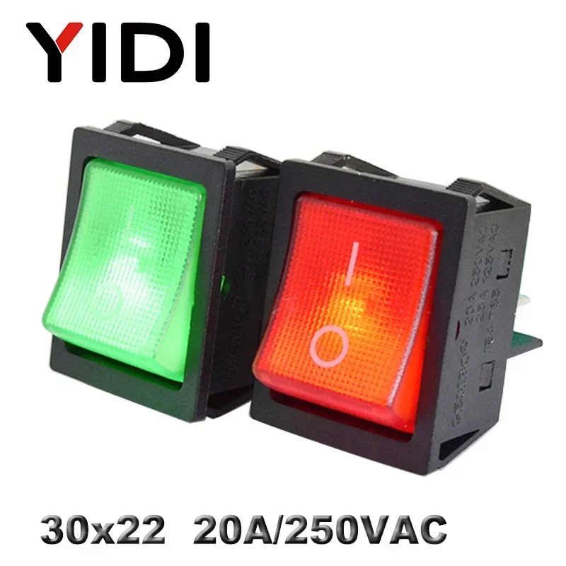 KCD4-201 30x22 30A 250VAC Heavy Duty KCD4 Rocker Switch 20A 250VAC DPST ON OFF latching 12V 220V Red Green Blue LED Illuminated