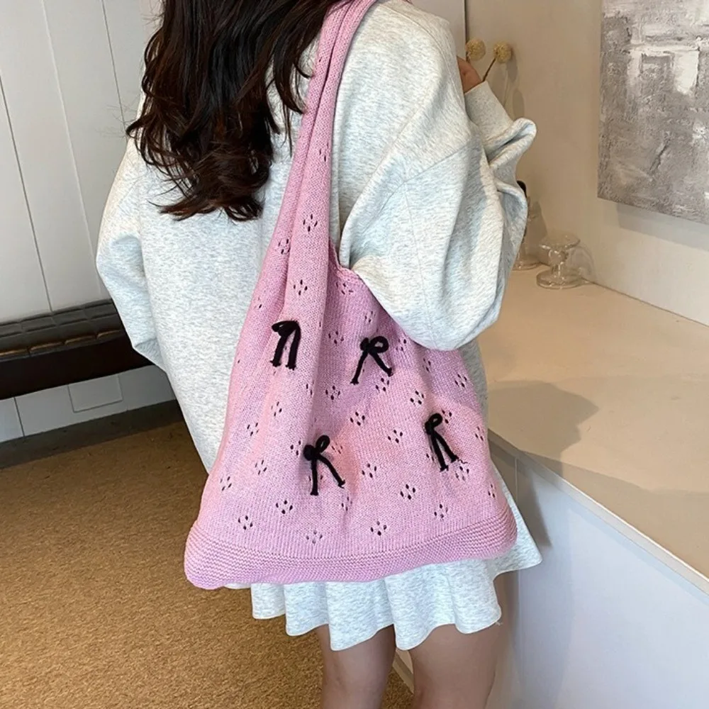 

Casual Hollow Bow Knitted Shoulder Bag Hobo Square Knitted Crochet Handbag Large Capacity Underarm Bag Beach Tote Bag Daily