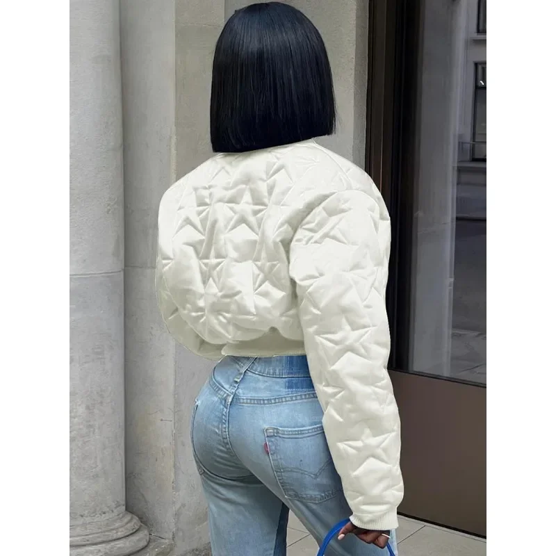 Fashion Women Star Emboss Patchwork Long Sleeve Short Parkas Baseball Jacket Cotton Thick Warm Winter Street Crop Coats Outwear