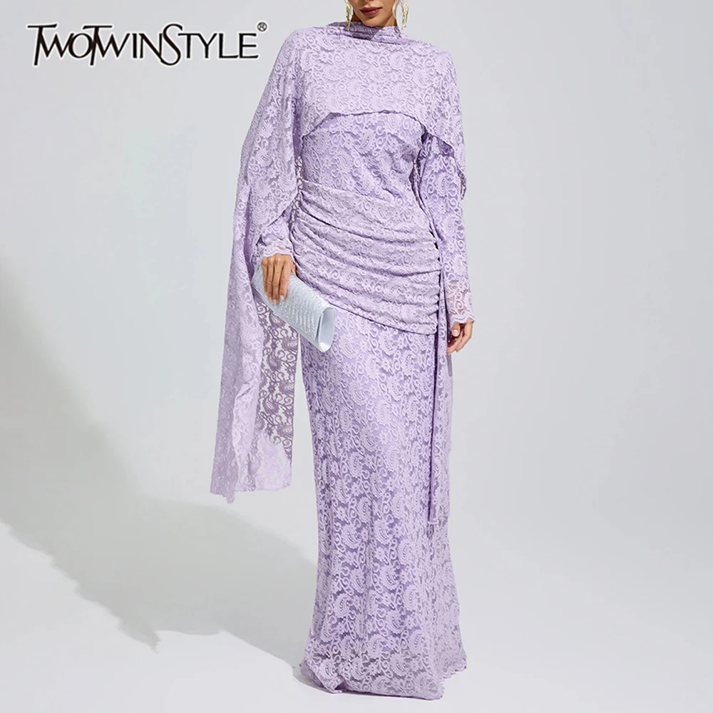 TWOTWINSTYLE Lace Spliced Ruched Slimming Solid Dress for Women Stand Collar Long Sleeve Patchwork Zipper Maxi Dresses Female