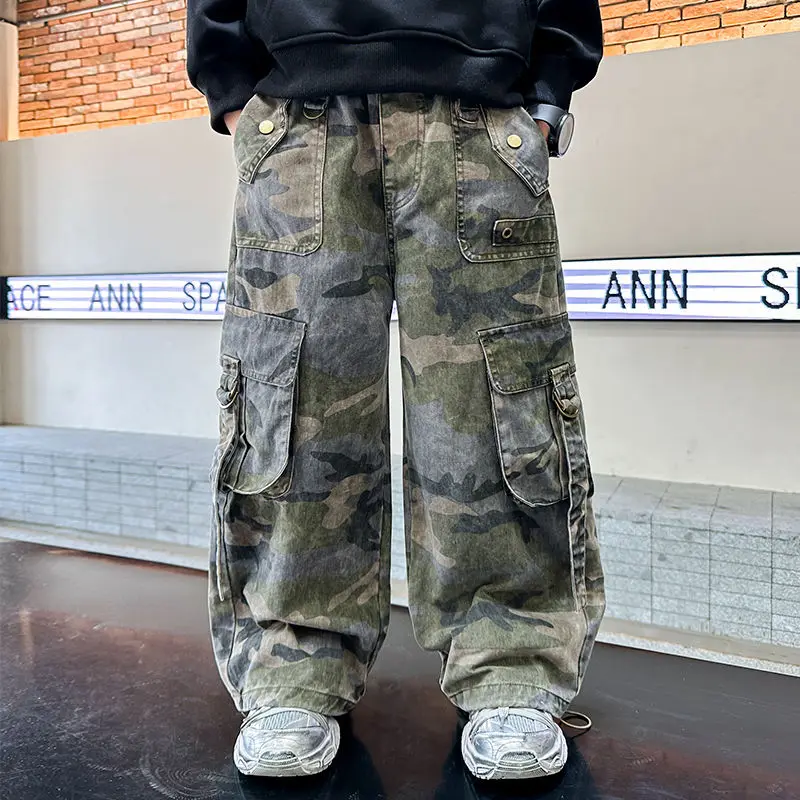2025 New Boys Autumn Camouflage Tactical Pants - Kids Cargo Pants with Multiple Pockets, Trendy & Comfortable for 8-14 Years Old
