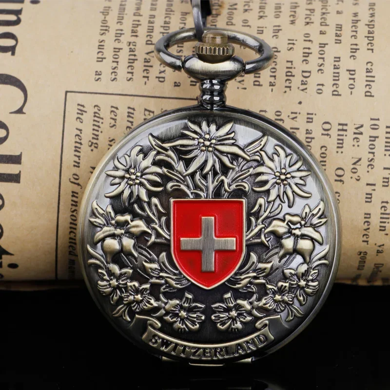 Engraved Exquisite Switzerland Red cross Hollow Hand Wind Mechanical Pocket Watch Men's and Women Bronze Tone for Birthday Gift