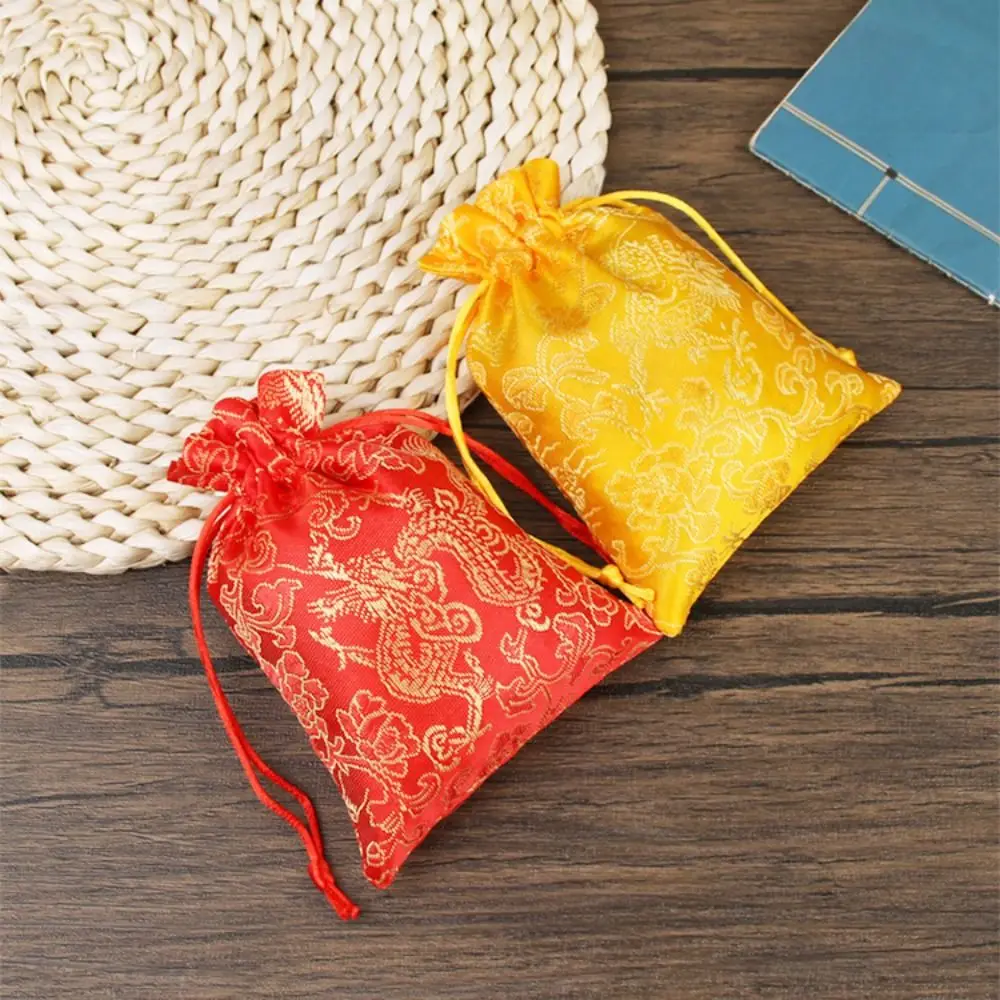 Dragon Embroidery Flower Drawstring Bag Chinese Style Storage Bag Canvas Flower Handbag Jewelry Packing Bag Bucket Bag