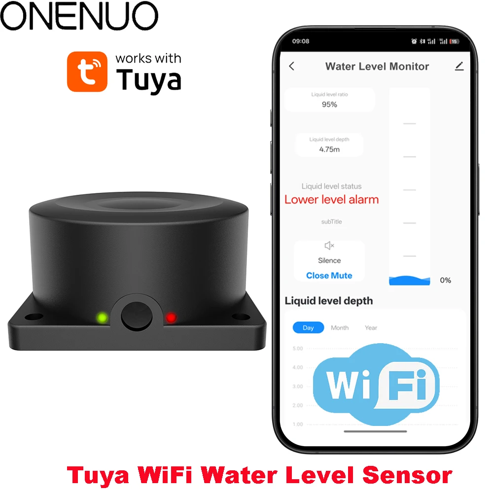 ONENUO Liquid Level Sensor Oil Water Detector Wireless Tank Level Monitor Wifi Tuya Mobile Waterproof IP67 Alarm