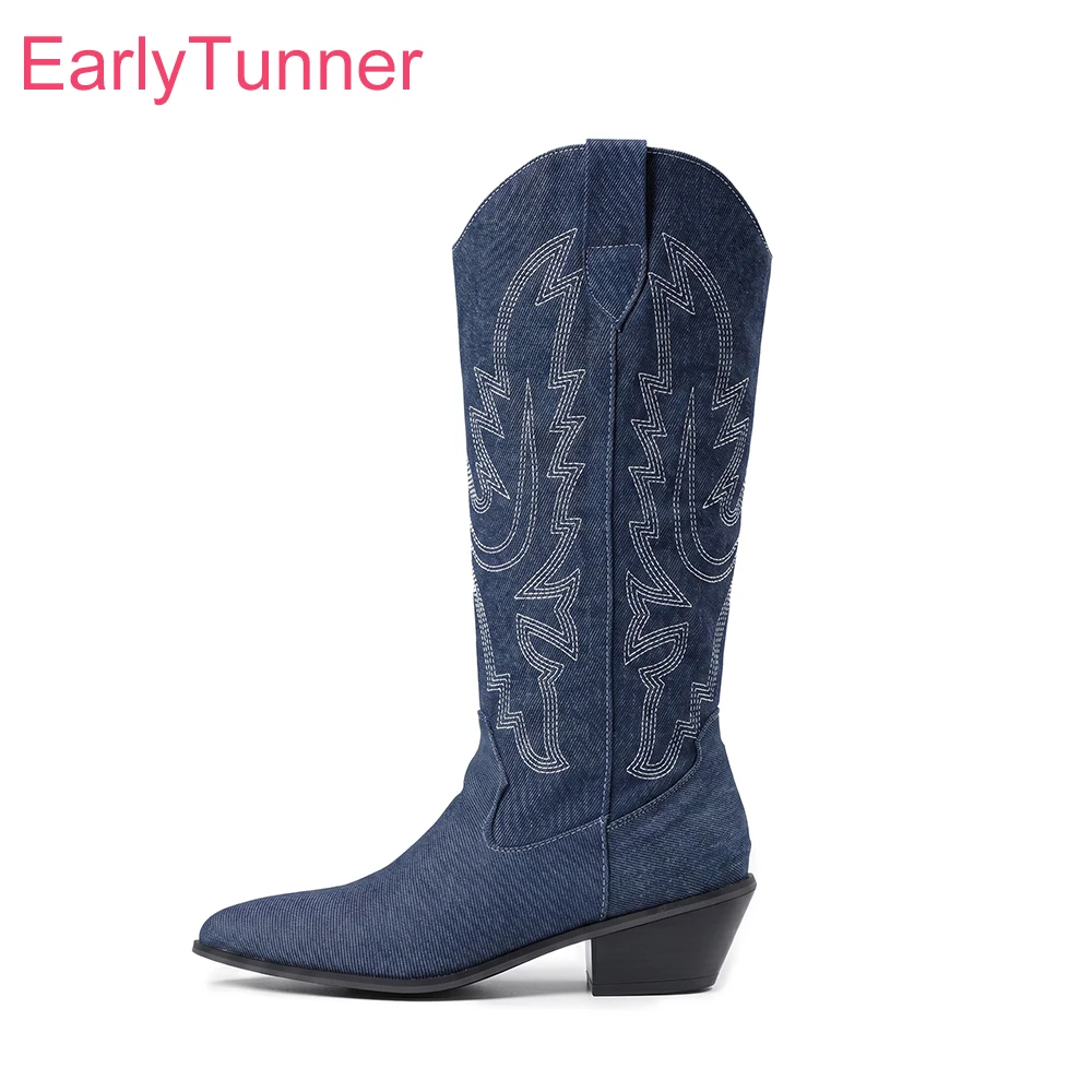 2026 Winter Fashion Denim Women Knee High Riding Boots High Block Heels Lady Shoes Large Size 13 45 48 50 Embroidery