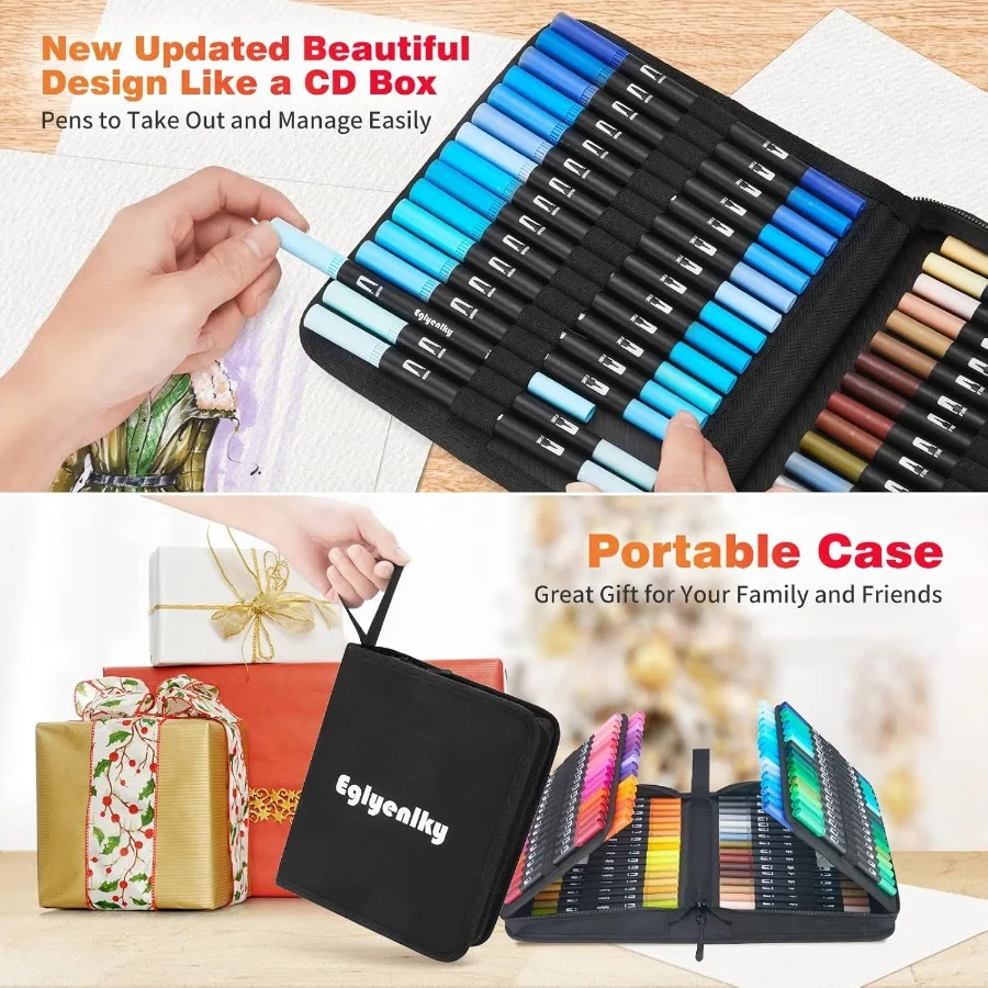 أقلام تحديد ذات فرشاة مزدوجة للكبار وكتب التلوين 100 لون نابض بالحياة مع نقطة دقيقة وتصميم طرف الفرشاة مثالي للتفصيل #3