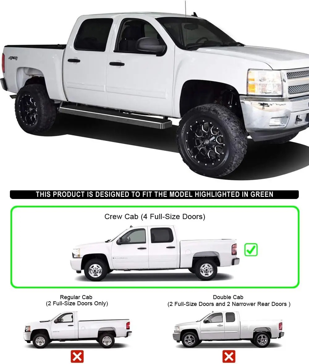 304 Stainless Steel Polished 6in Silver Running Boards Compatible with Chevy Silverado GMC Sierra 1500 2001-2013 Crew Cab & 2500