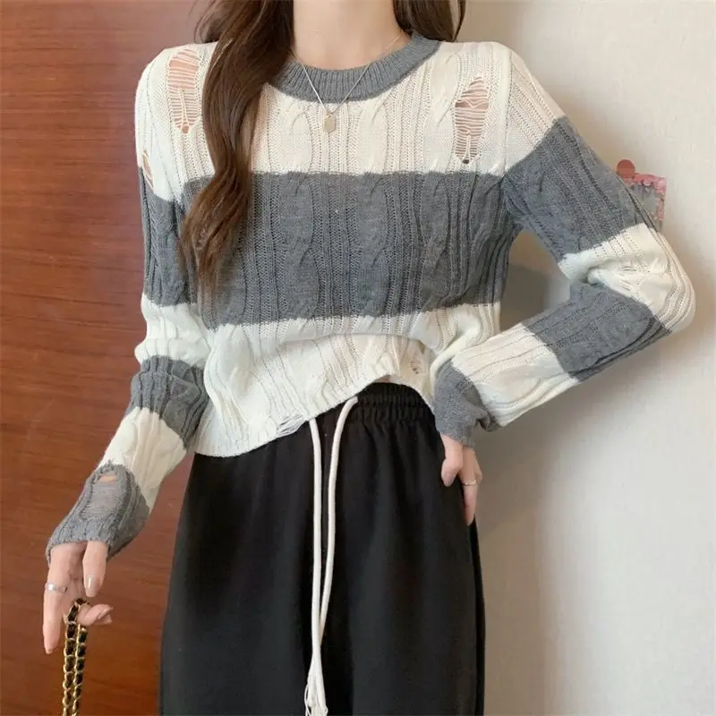 Lazy Style Long Sleeve Hole Knitwear Women Vintage Hollow Out Striped Knit Pullovers Woman Spring Autumn O Neck Short Sweater