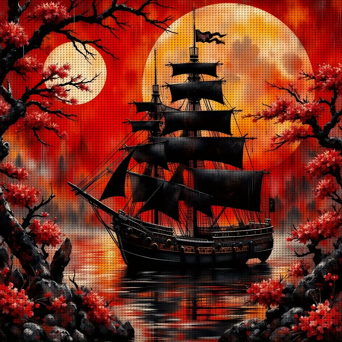 1PC 36X36cm/14.17X14.17inch, 11CT Print Cross Stitch DIY Kit, Crimson Voyage, Adult Beginner's Relaxed Cross Stitch