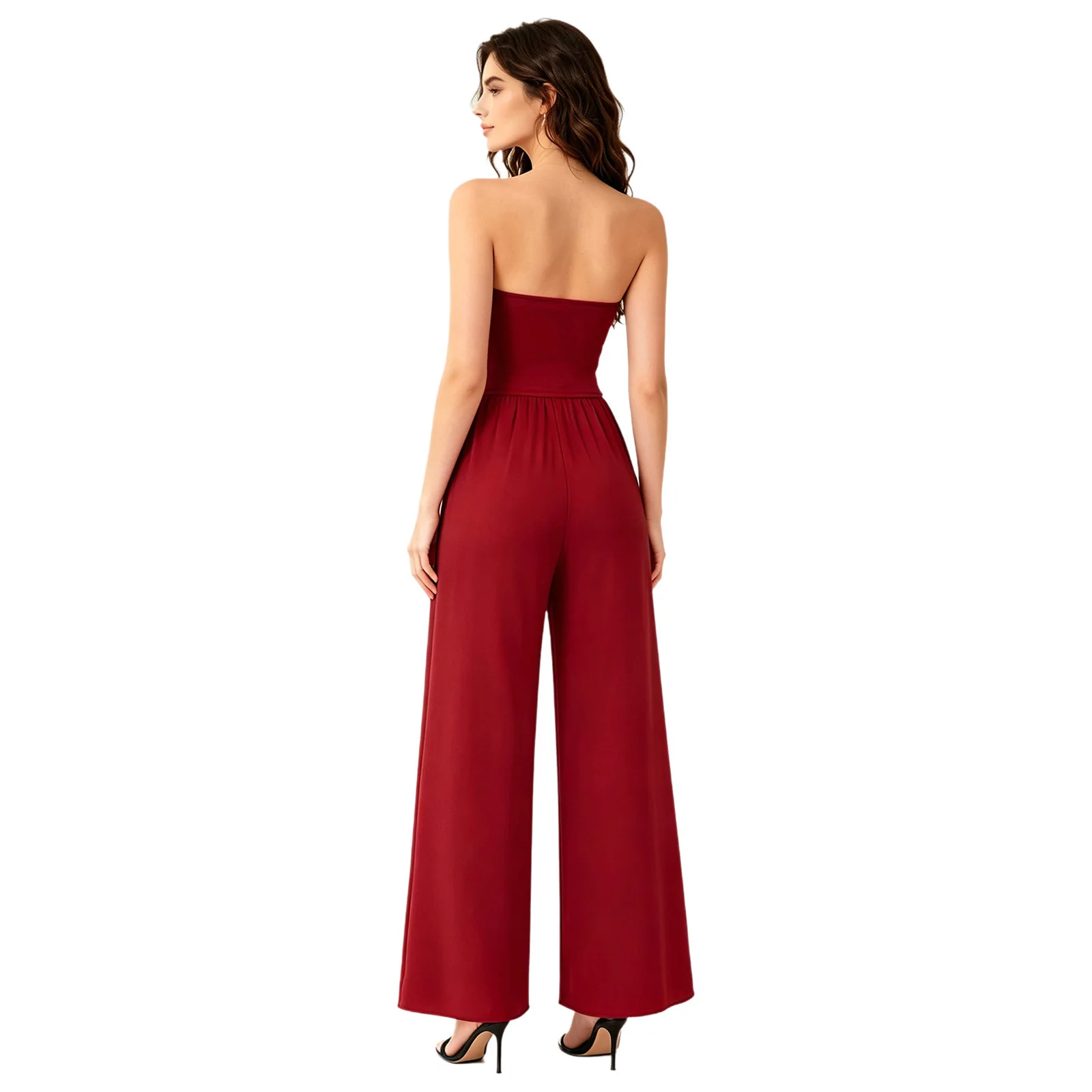 Womens Strapless Tube Top Long Jumpsuit Elastic Bodice Sheer Floral Lace Patchwork Wide-leg Pants Bottoms Bandeau Rompers