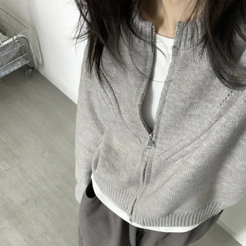 Cardigan Women Simple Zipper Knitted O-neck Chic Leisure Korean Fashion Sweaters Outerwear Daily Autumn Students Solid Classic