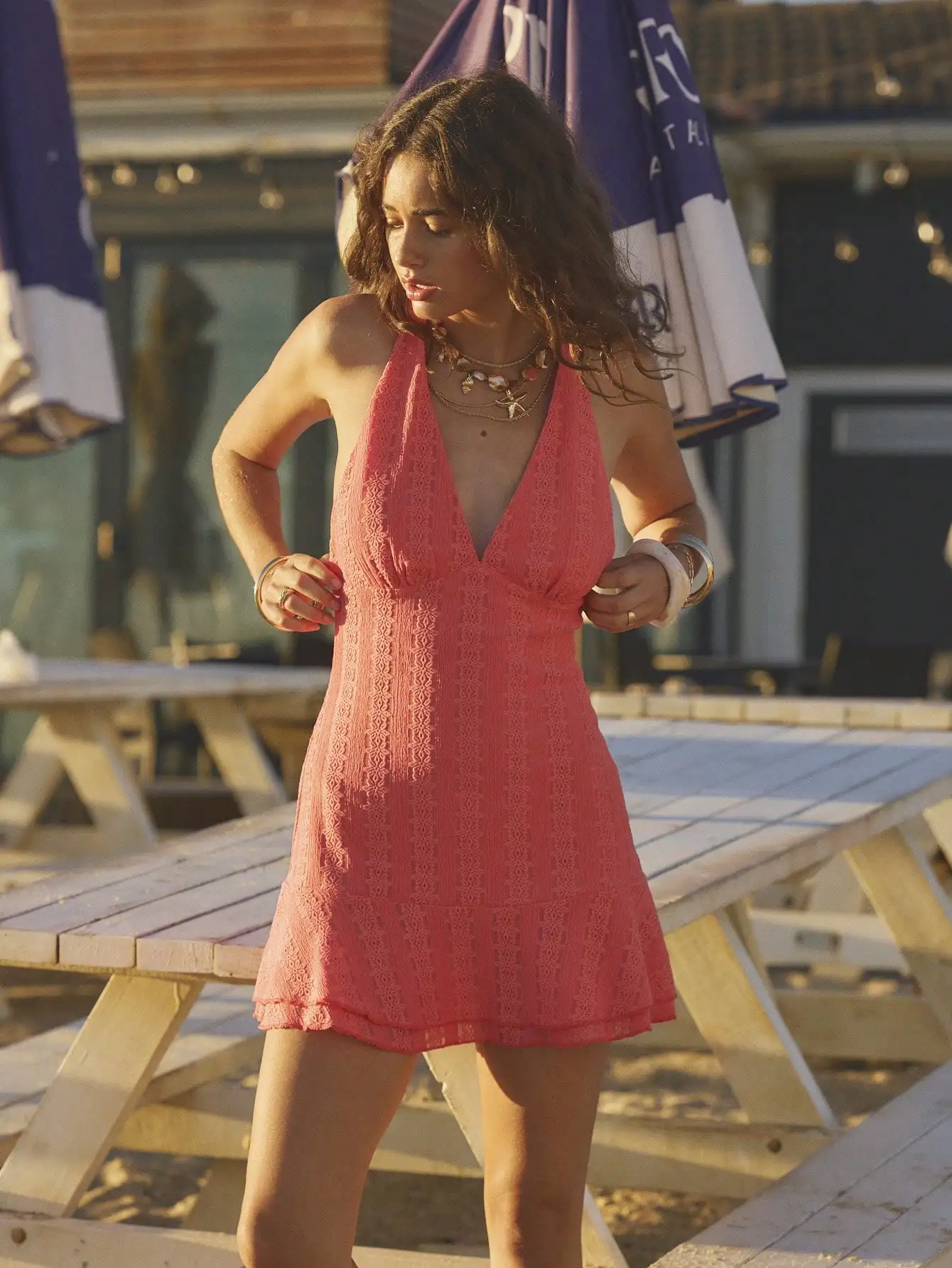 

Women's Coral Lace Halter Mini Dress with V-Neck and Ruffled Hem