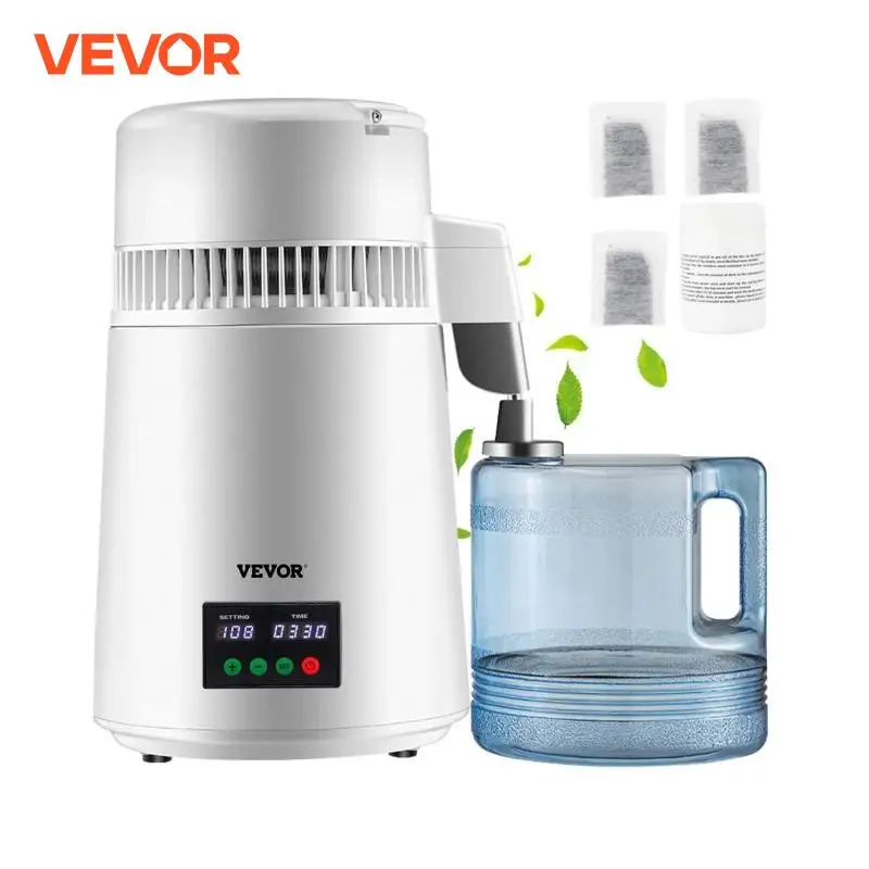 VEVOR 1.1Gal Water Distiller 750W Distilled Water Maker 0-99H Timing Set Temp Display Distiller Plastic Carafe Cleaning Powder