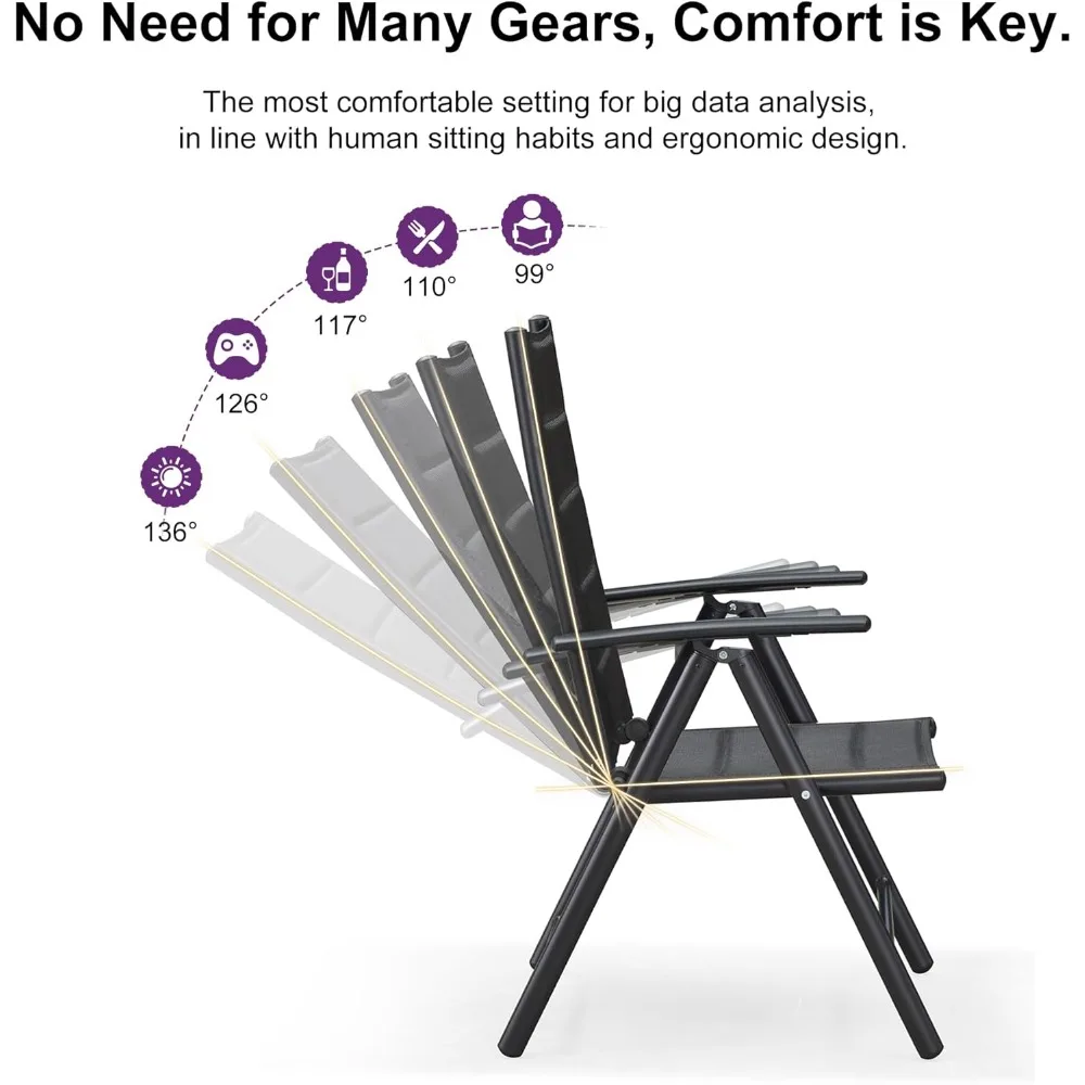 屋外パティオ折りたたみ椅子 2 個セット、屋外リクライニングキャンプチェア、柔らかい綿パッド入りシート、調節可能な高い背もたれ P