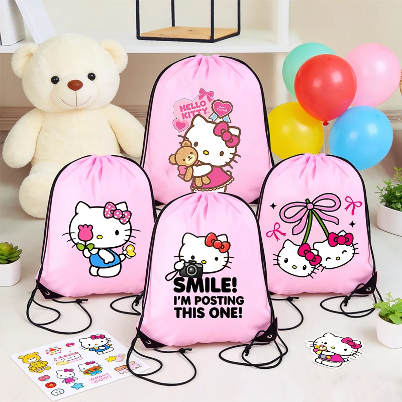 Hello Kittise Drawstring Bag Sport Casual Gym Backpack Clothes Shoes Storage Waterproof Packaging Anime Pink Storage Bag Gift