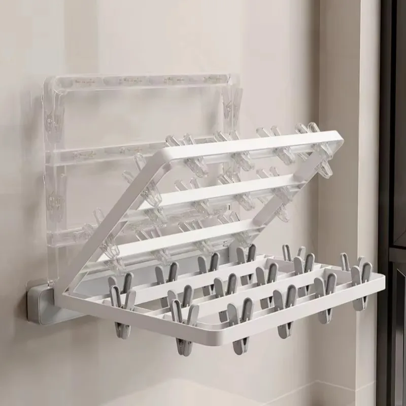 Folding Drying Rack Wall Mounted Clothes Hanger Drying Clip Windproof Sock Clip Multi Functional Towel Hanger Space Saving