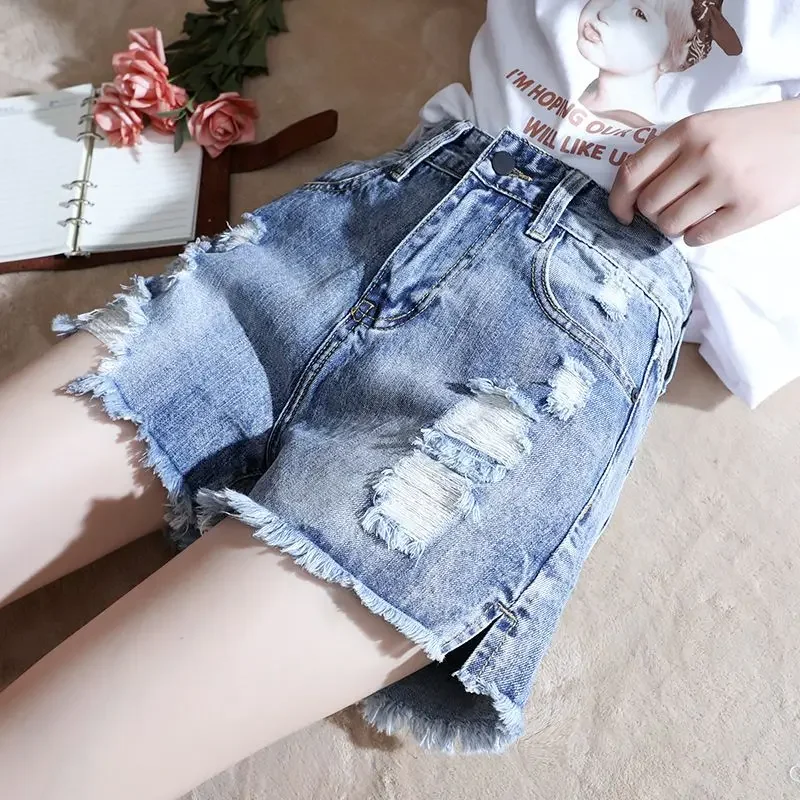 

Summer New Ripped Jeans Women's Fashion Versatile Tight Tight Waist Loose Wide -leg Hot Pants