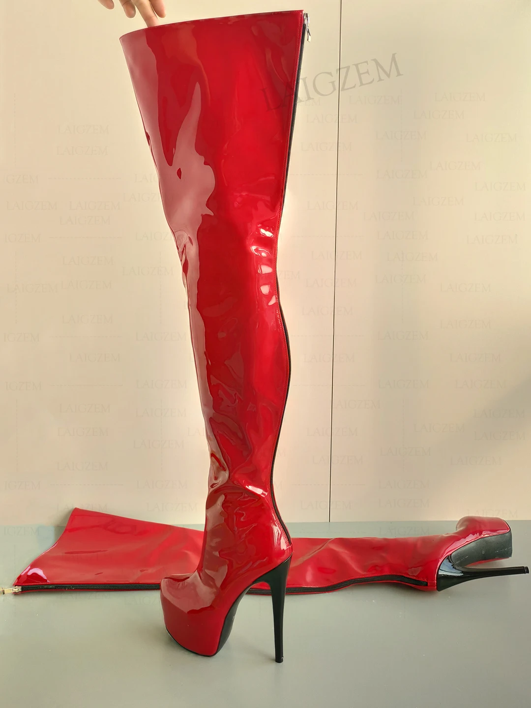 BERZIMER Women Thigh High Boots Platform Shiny Back Zip Up High Heels Over Knee Boots Ladies Shoes Woman Big Size 41 43 46 50 52