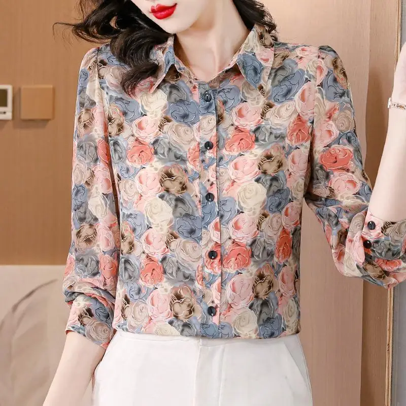 Women Stylish Vintage Floral Print Button Up Shirt Spring Autumn Lapel Temperament Elegant Blouses Casual Long Sleeve Loose Tops