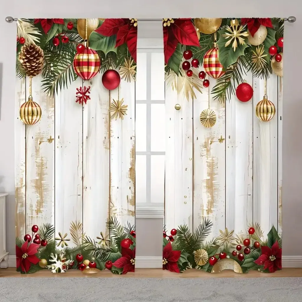 2pcs Set Christmas Tree & Ball Printed Curtains - Rod Pocket Design, Polyester, Perfect for Living Room, Kitchen, Bedroom, and D