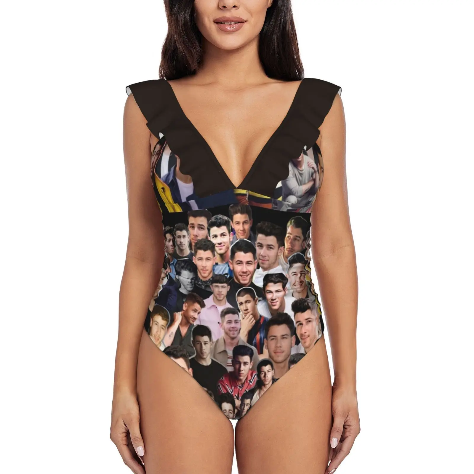 

Nick Jonas Collage One-Piece Swimsuit Women Ruffle Bathing Suits New Girl Beach Swimwear Collage Nick Jonas Jonas Brothers Joe