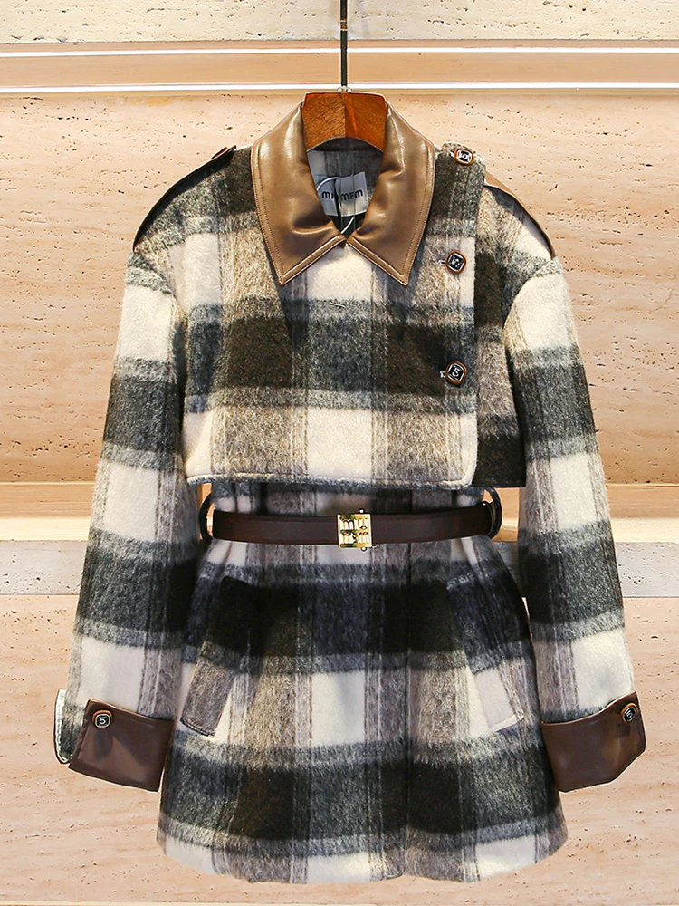 

High-End Winter Women's Coat with Tweed Waist Belt And Plaid Pattern Fashionable Set Chinese Brand Polyester Fiber Long Sleeve