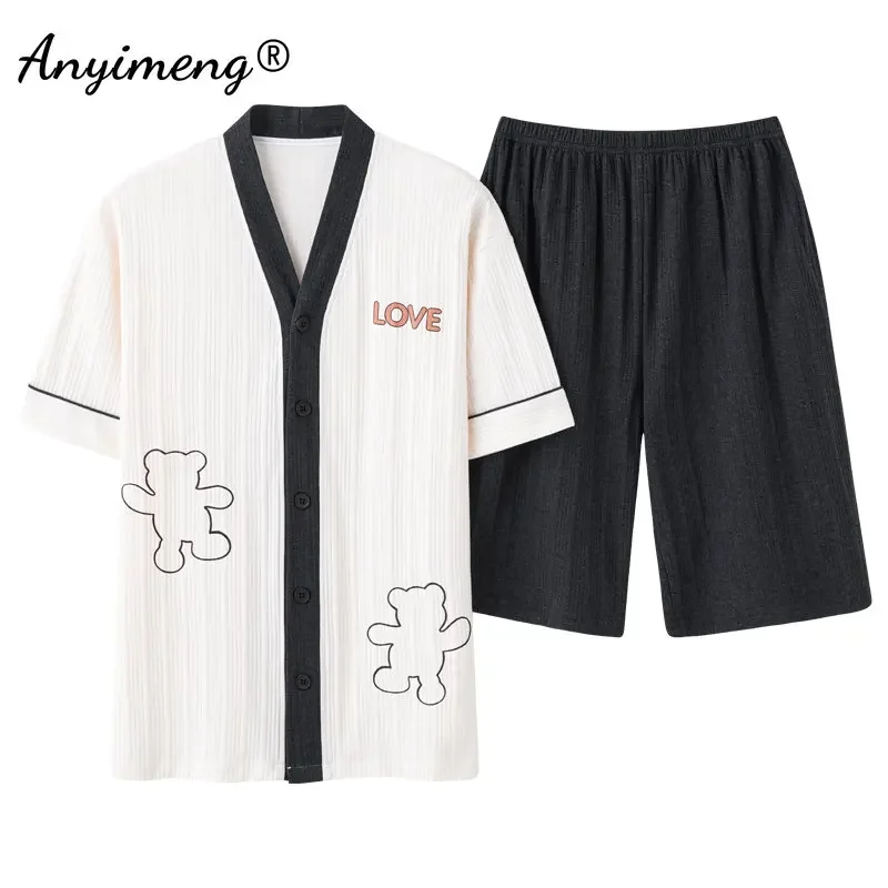 Novo L-3XL conjunto de pijamas masculinos verão moda shorts quimono kawaii urso impressão algodão pijamas cardigan lazer pijamas para homem