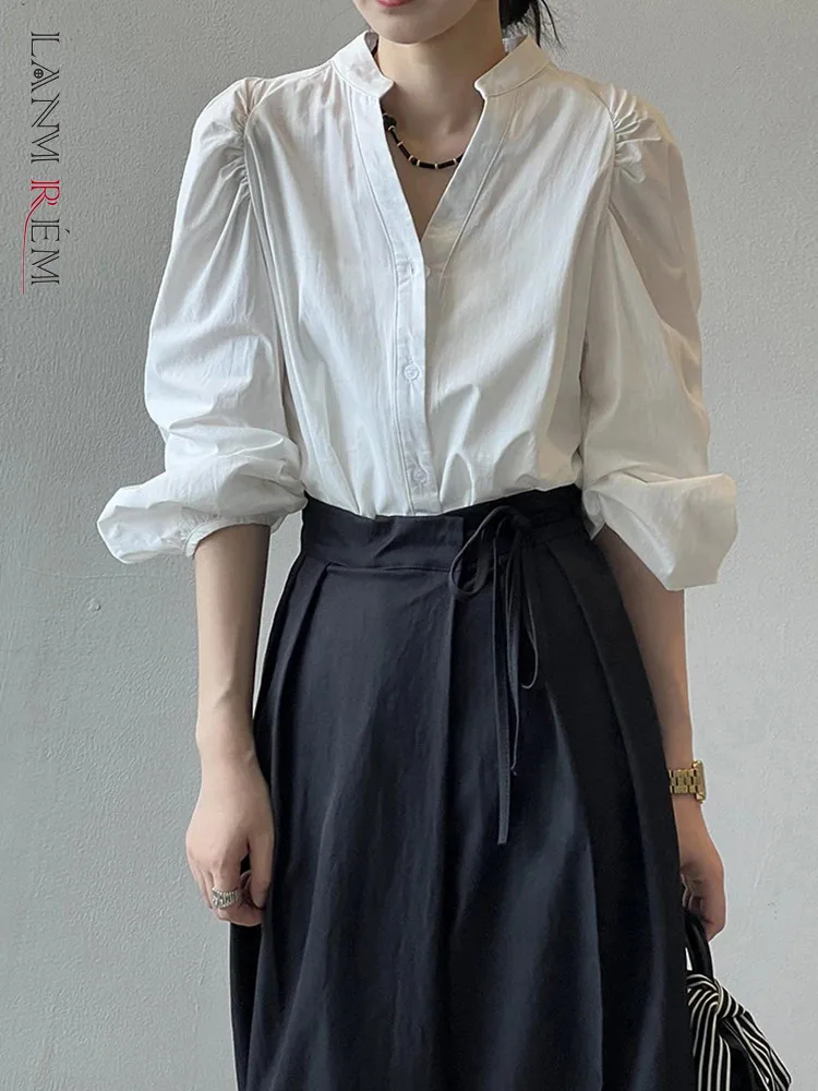 [LANMREM] Puff Sleeve Stand Neck Shirt Women Single Breasted Office Lady Fit Female Blouses Fashion 2024 Autumn New 26C508