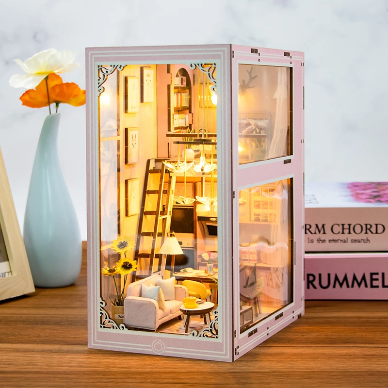 

Wooden DIY Book Nook Kit Miniature Doll House 3D Puzzl Bookend Toy Assembly Model Building Bookshelf Insert Decor With LED Light