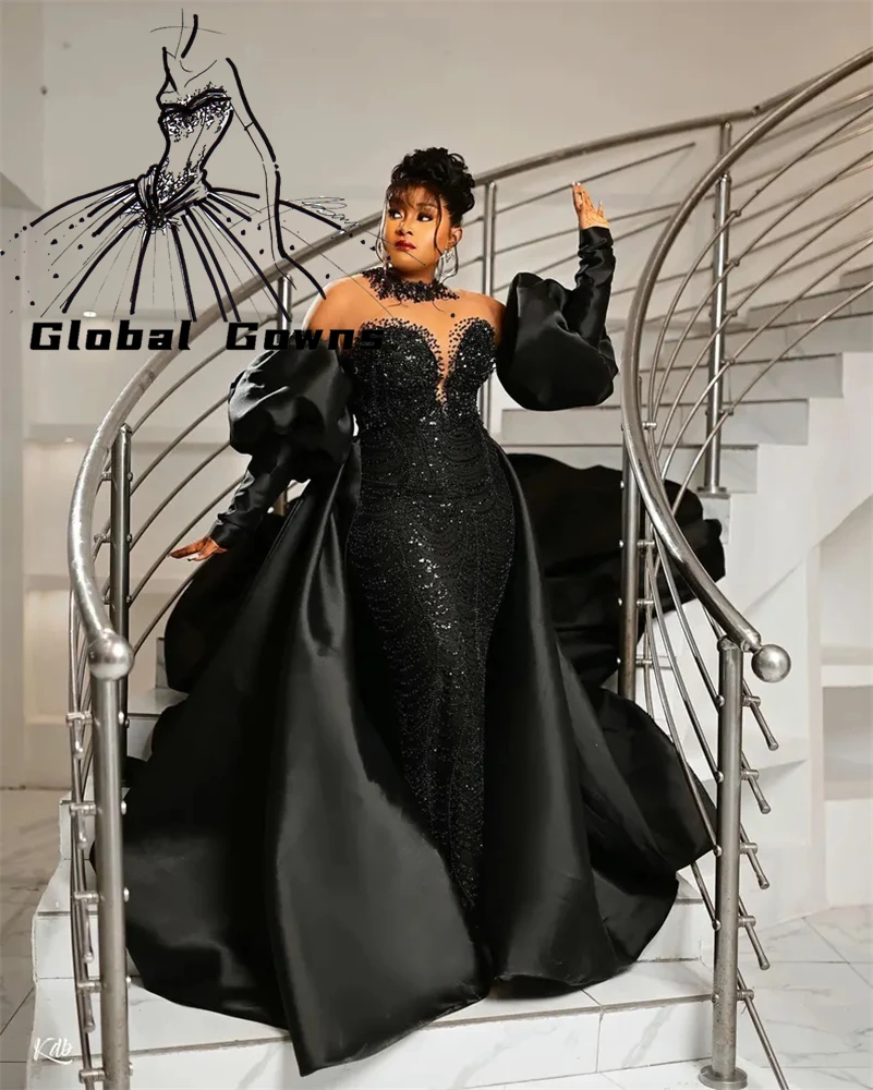 Aso Ebi Luxury O Neck 2025 For Black Girls Beaded Crystal Evening Dresses Full Sleeve Party Dress Detachable Tail Customized