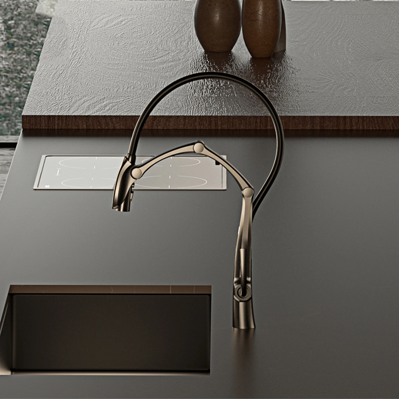 Luxury Gun Gray Brass Kitchen Faucet, Digital Display Intelligent Induction, Magnetic Suction Pull Out Design, Cold Hot Sink Tap