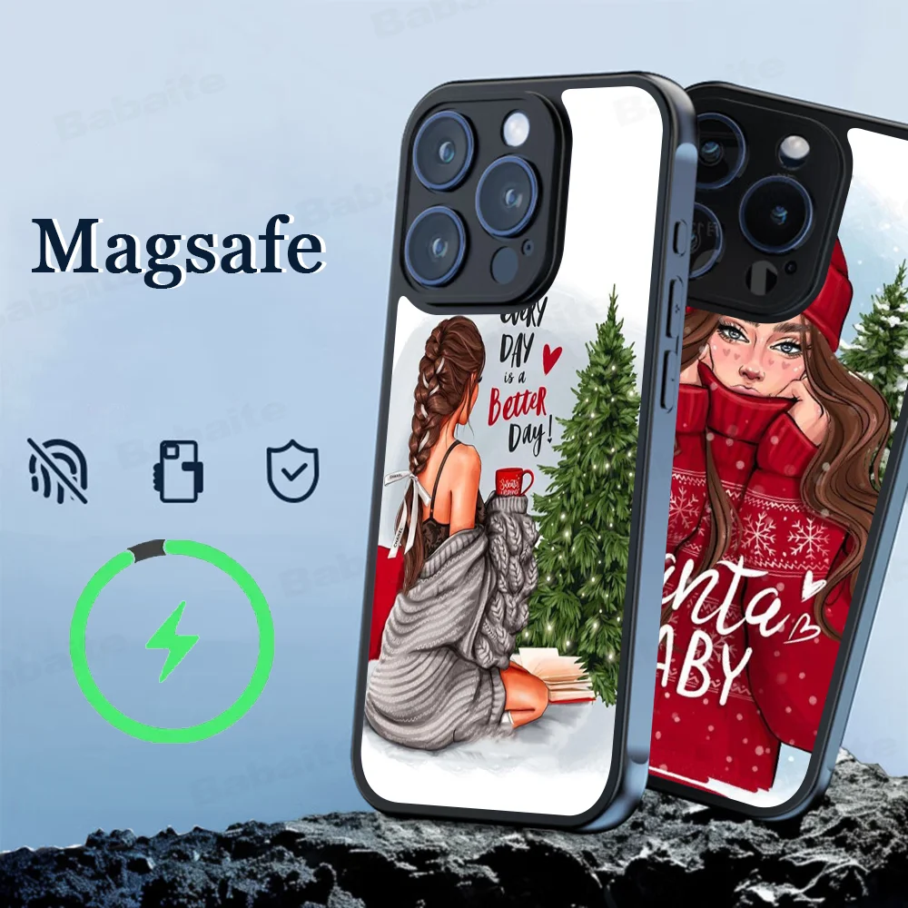 Beautiful Girl Merry Christmas Phone Case Magesafe Magnetic Wireless Charge Case For iPhone 16 11 12 13 14 15 Pro Max Plus Mini