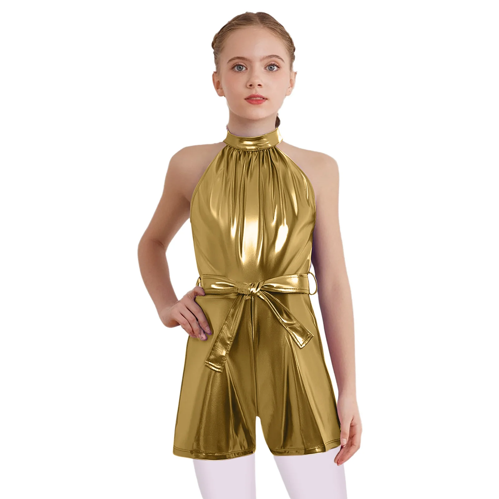 Kids Girls Shiny Jazz Leotards Bodysuit Figure Skating Performance Costume Metallic Halter Sleeveless Zipper Jumpsuits Dancewear