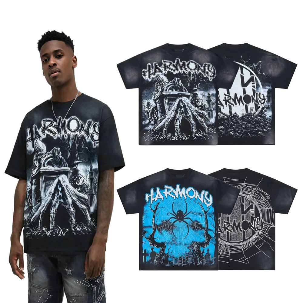

Streetwear Gothic Graphic T Shirts with Rhinestones Hiphop Street Style Cotton Retro Summer Clothing Short Sleeve Tees for Men's