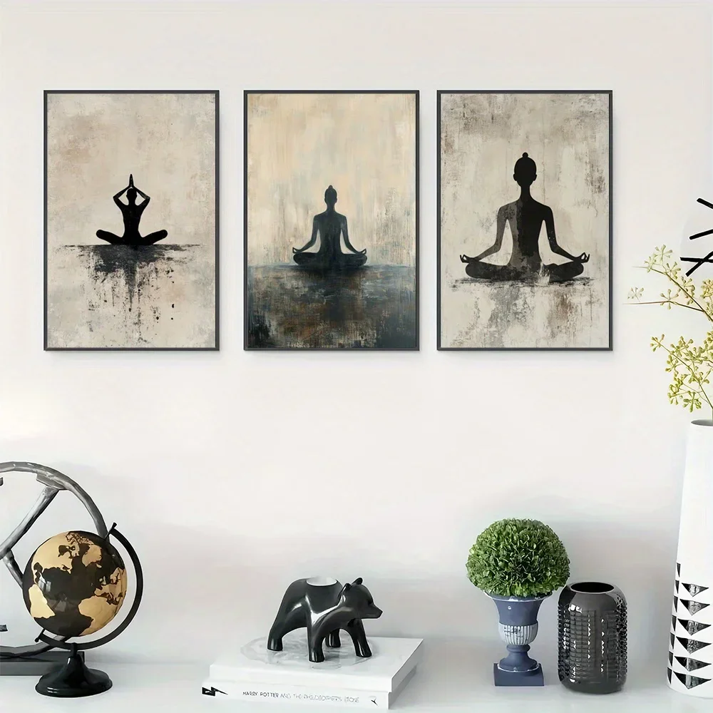 (No frame)3pcs Unframed Zen Meditation Yoga Silhouette Canvas Wall Art Prints - Minimalist Modern Calming Nature-Inspired Pos