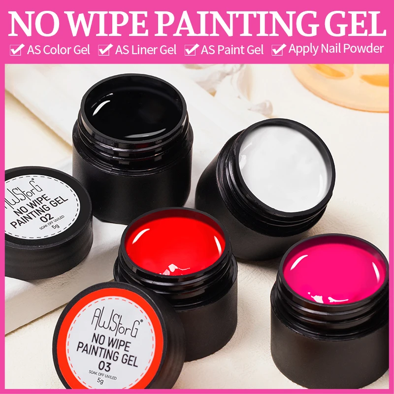 AWStorG 5g 4 in 1 No Wipe Pittura Gel Vernice No Flowing Nero Bianco Colore Pittura Liner Nail Art Glitter Gel UV Top Coat Uomo