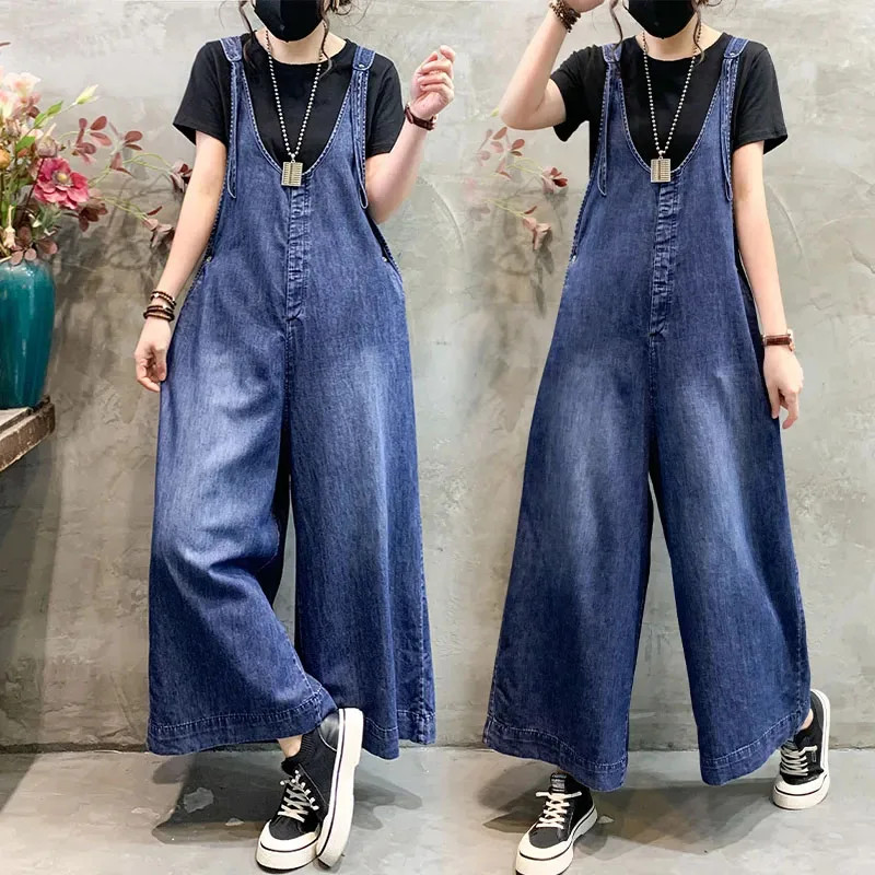 

New Oversized Women Denim Jumpsuit Summer Streetwear Suspenders High Waist Straight Wide Leg Jeans Female Casual Trouser Rompers