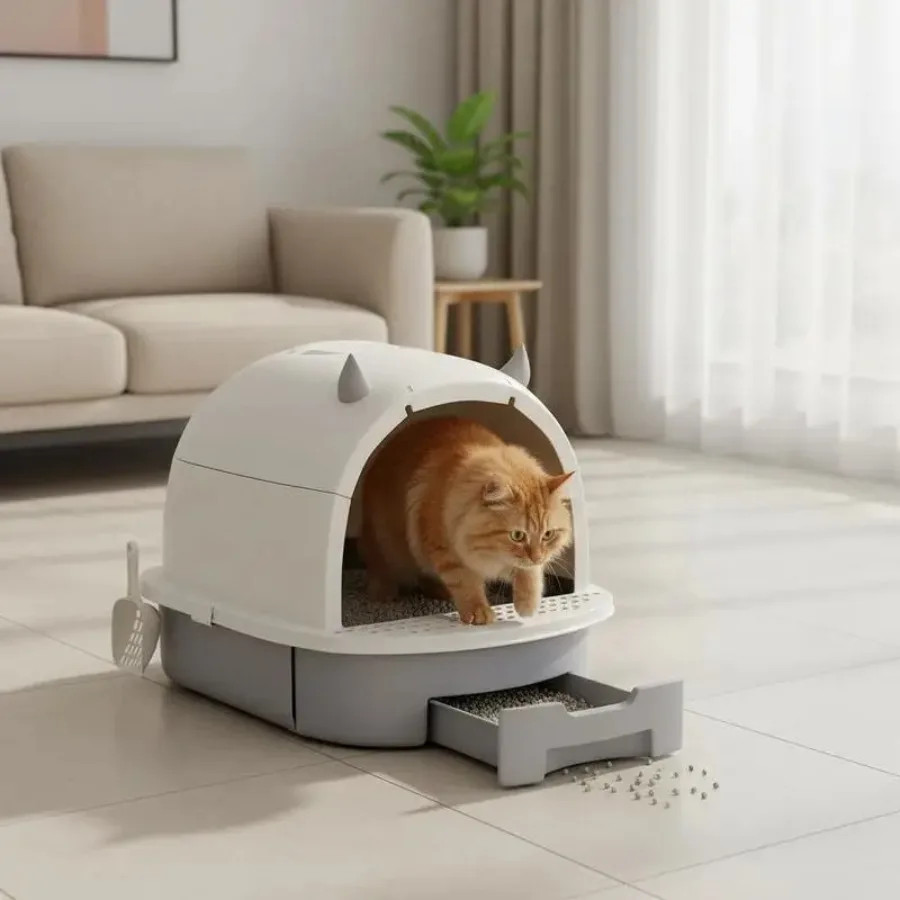 

Cat Litter Box with Lid Cat Toilet with Scoop Floor Drawer Entry Pedal for Cats up to 5kg 40.5X52X39Cm Grey
