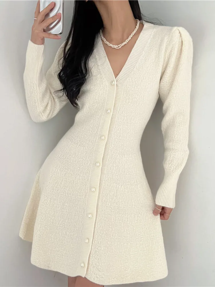 New Women\'s Knitted Elegant Mini Dress Autumn Long Sleeve Korean Single Breasted Fashion Office Lady Vintage Bright Silk Dresses