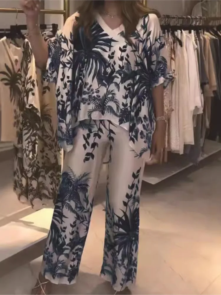 Elegant Two Piece Office Suit 2024 Women Print Loose Outfit Lady Fashion V-Neck Short Sleeved Tops&Wide Leg Pants 2 Piece Set