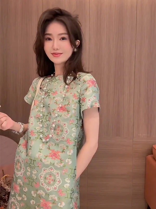 

Elegant Green Floral Embroidery Qipao Dress Chinese National Style Revamped High End Miniature Fragrance Summer Dress