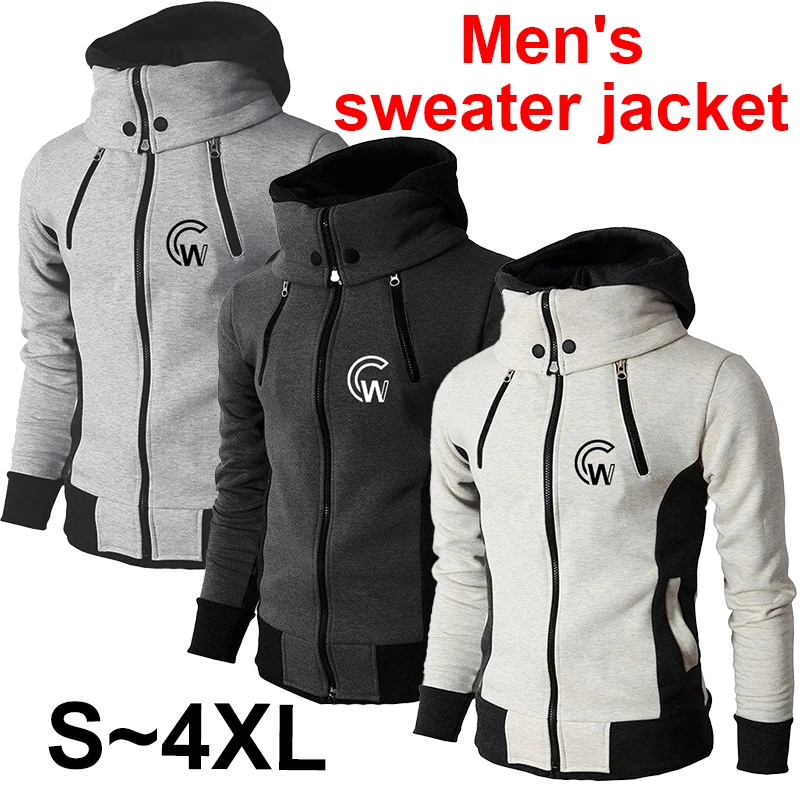 New men\'s four zipper high neck hooded jacket jacket outdoor fleece insulation thickened zipper sports jacket hooded jacket