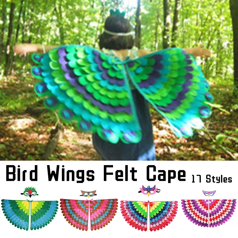 Owl & Peacock Wings Felt Cape Costume for Kids - Boys Girls Cosplay Halloween Party Costume with Mask, Stage Performance Cloak